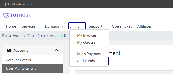 Add funds to your TotHost account