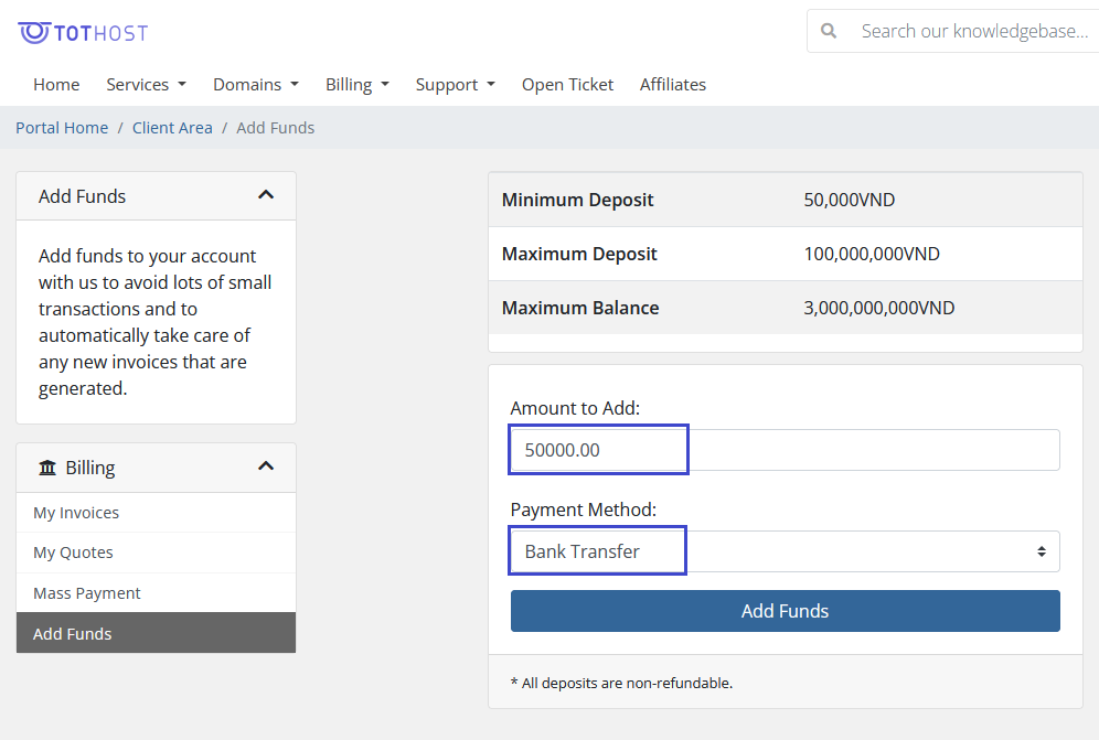 how to add funds to TotHost account