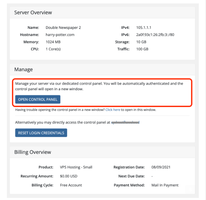 Vào control panel của VPS TOT K